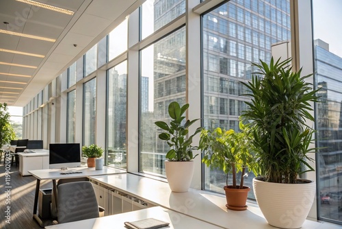 Modern Office Interior: Sunlight Streaming Through Large Windows, Desks, Plants
