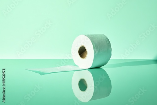 A single toilet paper roll sits on a table, ready for use photo