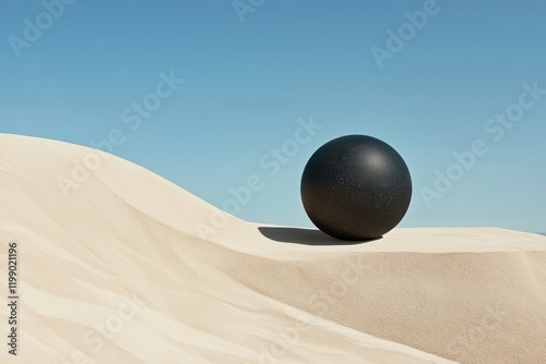 Surreal landscape with black sphere on desert dunes