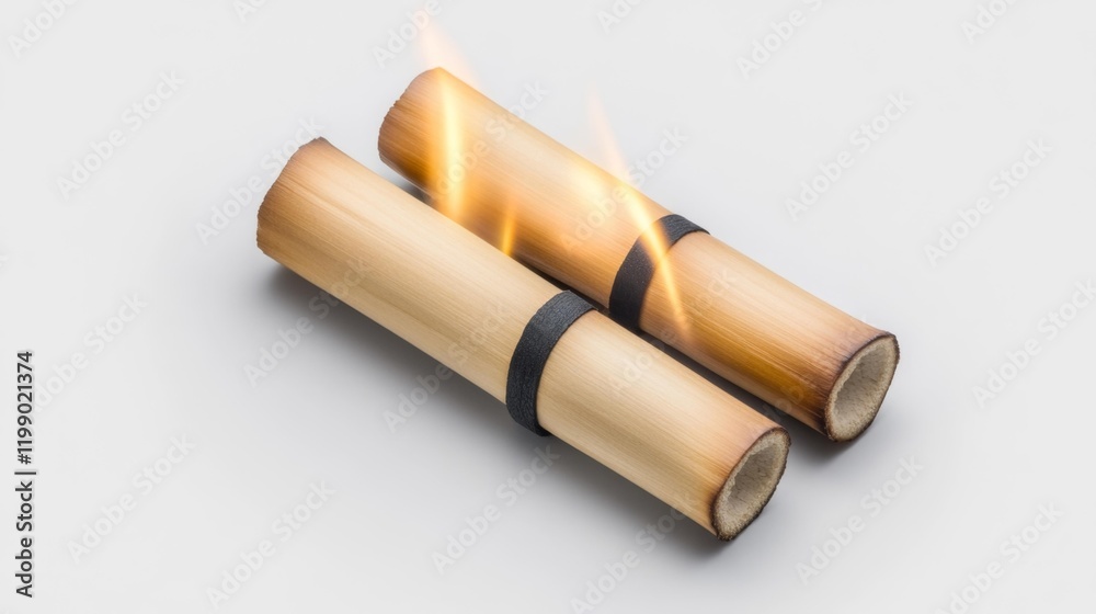 Burning Bamboo Scrolls Isolated on White Background. Generative AI Burning Bamboo Scrolls Isolated on White Background. Generative AI