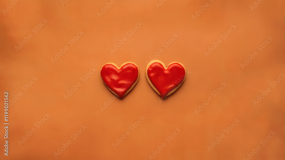 Fototapeta premium Icing cookies: A simple yet striking photo of two red heart-shaped icing cookies placed side by side
