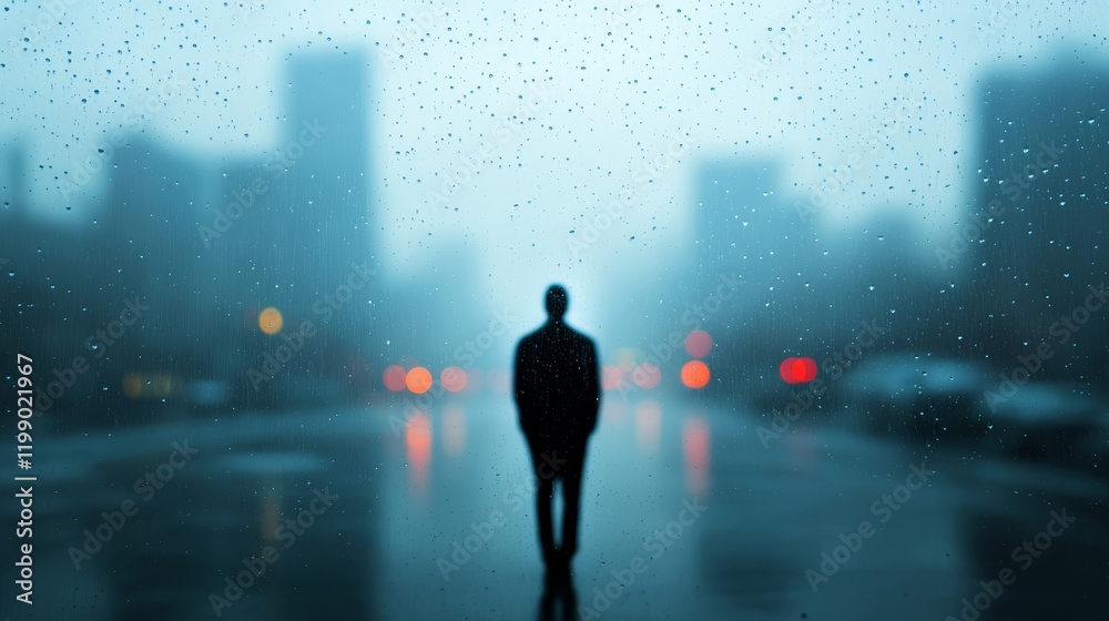 A rainy city street seen through a fogged up window with a lone figure staring out blankly evoking the weariness of ennui A rainy city street seen through a fogged up window with a lone figure staring out blankly evoking the weariness of ennui
