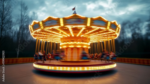 A colorful carousel spinning with children laughing surrounded by glowing lights and festive decorations during carnival season at twilight 