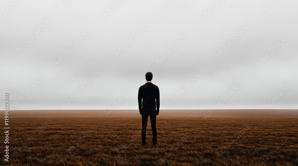 A person standing in a vast empty field arms hanging loosely under a sky of muted grays embodying the isolation and aimlessness of ennui A person standing in a vast empty field arms hanging loosely under a sky of muted grays embodying the isolation and aimlessness of ennui