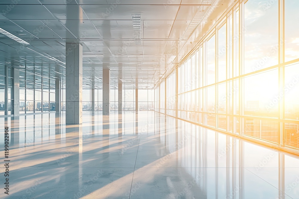 Beautiful, empty interior of a new office building under construction. This space concept features a concrete floor and ceiling with windows open spaces Beautiful, empty interior of a new office building under construction. This space concept features a concrete floor and ceiling with windows open spaces