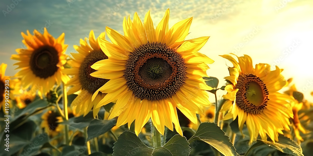 Fototapeta premium Vibrant field of sunflowers with intricate details and stunning HD quality, showcasing a perfect composition in a raw, natural style, offering breathtaking beauty and clarity.
