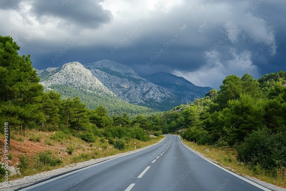 Fototapeta premium Mountain road winding through scenic nature with green hills and clouds in the sky