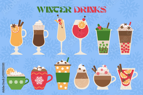 Big set Winter drink art. Christmas retro colorful drink. Hand drawn cup with cappucino, latte, coffee, hot chocolate, cacao, tea, mulled wine, champagne, alcohol isolated. Modern trendy print.