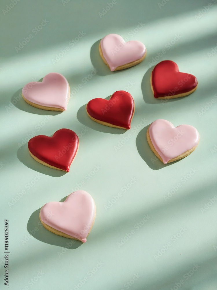 Icing cookies: A minimalist and serene photo of red and pink heart-shaped icing cookies on a mint green background Icing cookies: A minimalist and serene photo of red and pink heart-shaped icing cookies on a mint green background