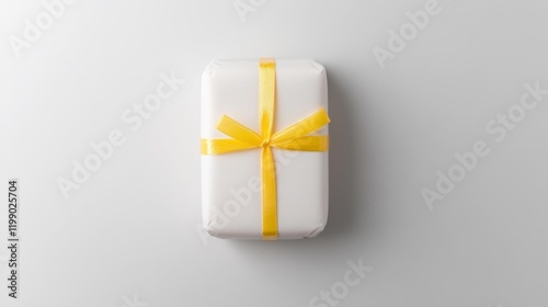 Minimalist Gift Box with Yellow Ribbon on White Background. Generative AI photo