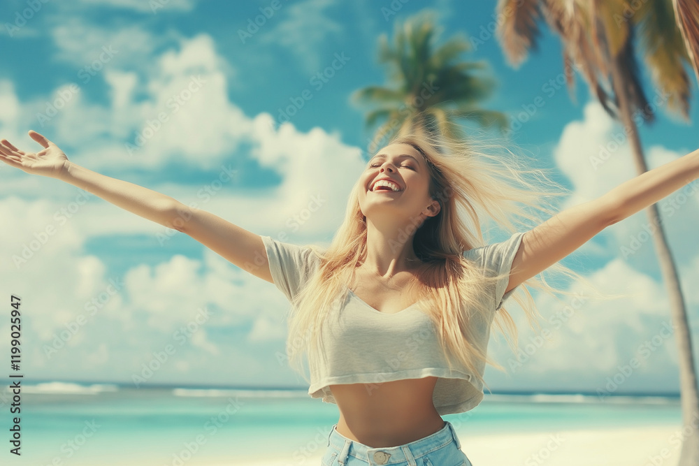 beautiful and happy woman in casual clothes on an private tropical island. beautiful and happy woman in casual clothes on an private tropical island.