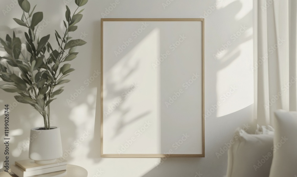 A 3D illustration of a poster frame mock-up in a close-up view, set against a modern Scandinavian living room background. A 3D illustration of a poster frame mock-up in a close-up view, set against a modern Scandinavian living room background.