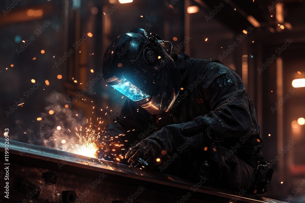 Welder performing precise work in dark workshop