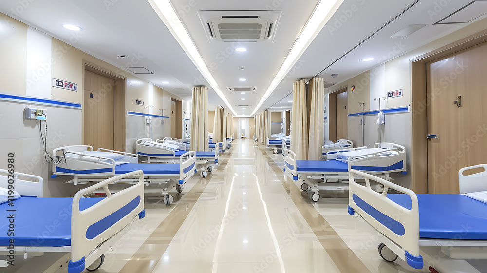 Obraz premium A desolate hospital hallway with empty patient beds and dim lighting, symbolizing financial struggle, closure, and the bleakness of a closed-down healthcare facility.