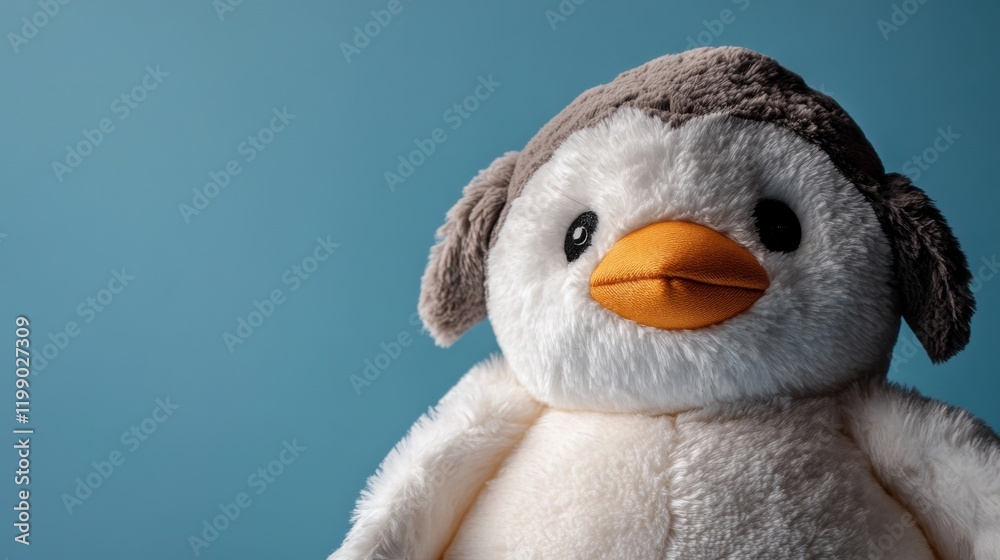 Obraz premium Plush penguin toy against a soft icy blue background provides a comforting and whimsical touch to any child's room or play area