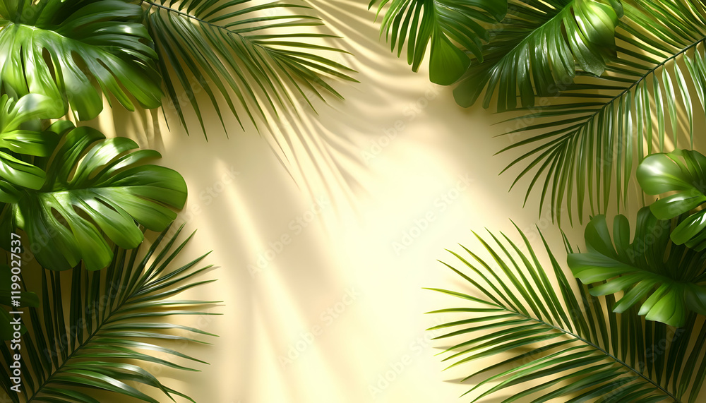 Tropical leaves frame, sunlight, beige backdrop, summer design Tropical leaves frame, sunlight, beige backdrop, summer design