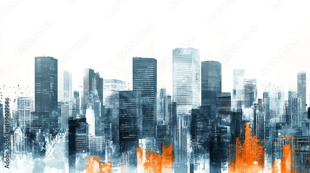 Obraz premium Abstract modern urban skyline art, cityscape in blue and orange, wall decor, abstract city painting, modern city art print