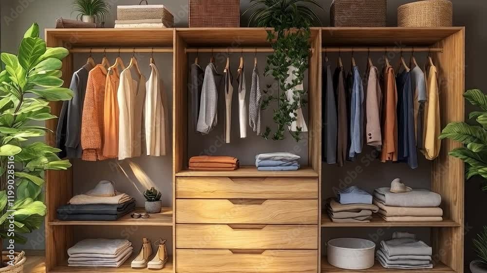 A well-arranged wardrobe features a variety of clothes hanging neatly alongside folded garments. Plants add a touch of nature to the cozy atmosphere, enhancing the organized space. A well-arranged wardrobe features a variety of clothes hanging neatly alongside folded garments. Plants add a touch of nature to the cozy atmosphere, enhancing the organized space.