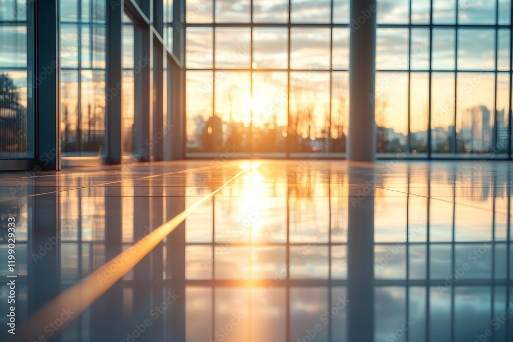 Fototapeta premium Blurred modern office interior with glass walls and light reflections on the floor, for background