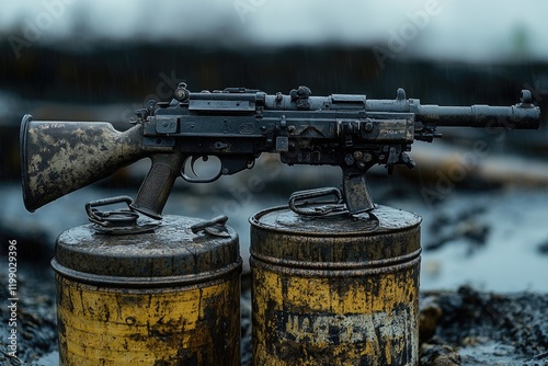 A machine gun situated atop two barrels, ready for action photo