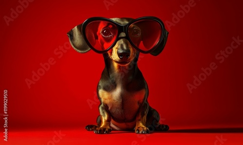 A frustrated dachshund with dark heart-shaped glasses on a red backdrop, symbolizing emotional detachment in relationships.