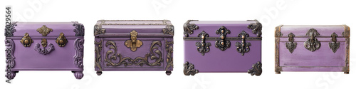 Collection of elegant vintage inspired decorative metallic storage trunk and chest boxes in rich lavender purple color with ornate baroque style patterns and details