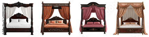 Magnificent antique inspired canopy beds adorned with intricate wood carvings ornate headboards and sumptuous fabric curtains exuding an air of timeless elegance and regal grandeur photo