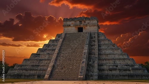 chichenitza in mexico during red sunset photo
