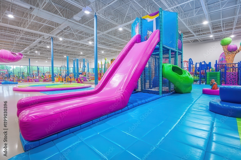 Naklejka premium Colorful Indoor Playground Featuring Vibrant Slides and Interactive Play Structures for Children's Fun and Entertainment in a Safe Environment