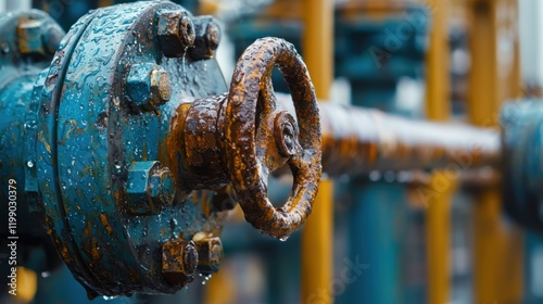 Close-up view of a rusted industrial valve with droplets on a weathered metallic surface of a pipeline