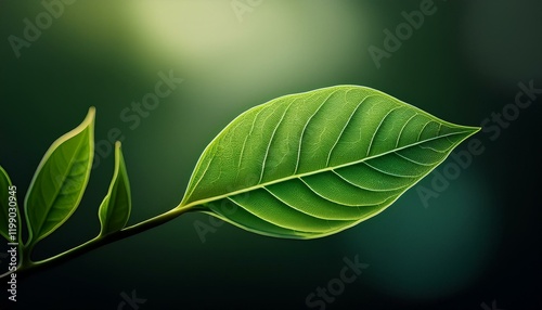 Capture the vibrant green hues of a new leaf unfurling, with delicate veins illuminated by backlight, showcasing the intricate details of fresh spring growth. photo