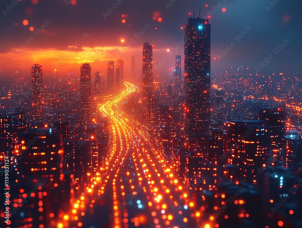 Obraz premium Glowing highway through futuristic city at sunset