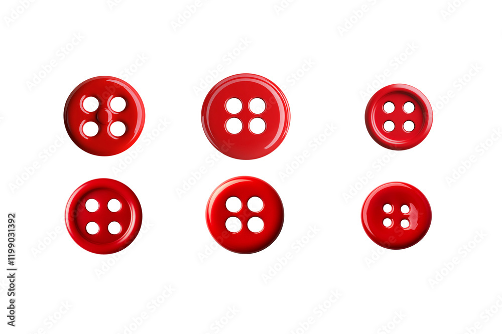 Red button with four holes, top view, isolated on white background Red button with four holes, top view, isolated on white background