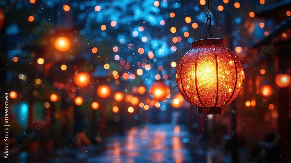 Glowing lanterns illuminate rainy night street with bokeh background Glowing lanterns illuminate rainy night street with bokeh background