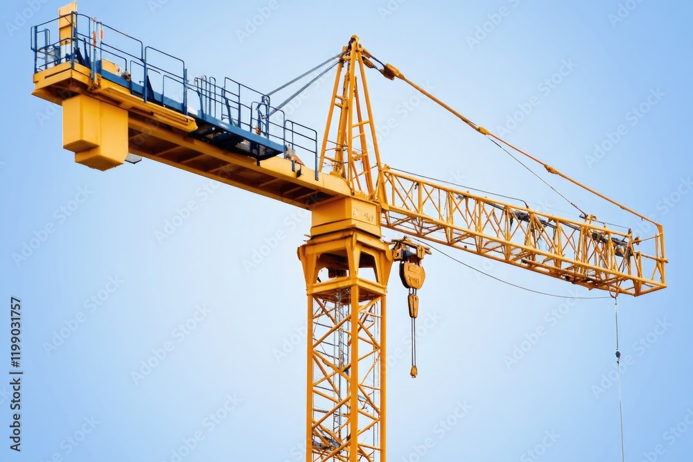 A yellow crane flying high in a bright blue sky A yellow crane flying high in a bright blue sky