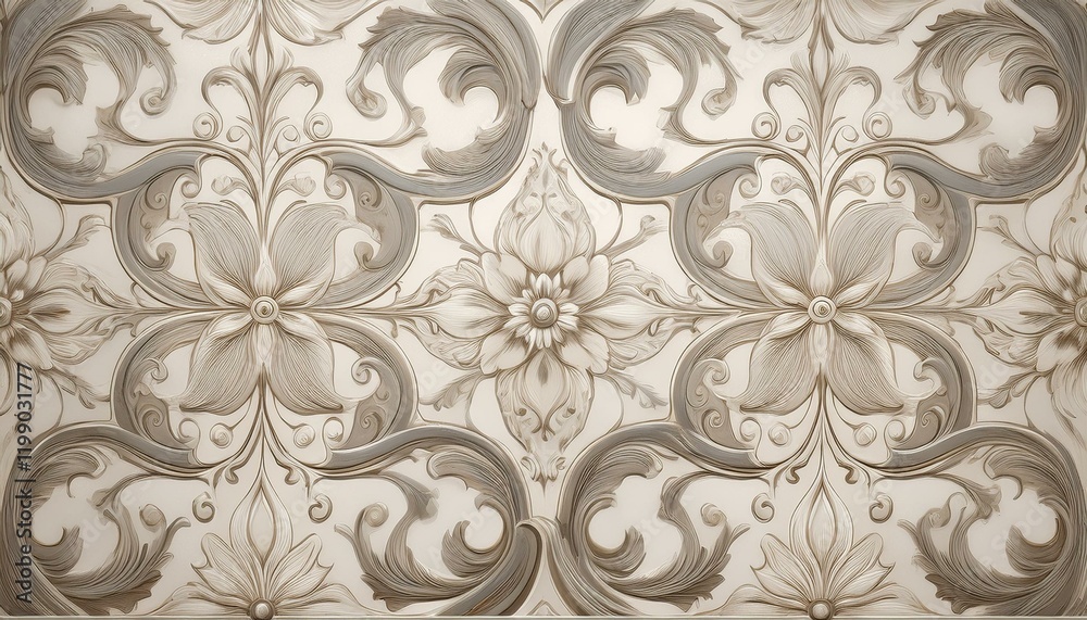 Create a patterned tile design with intricate floral motifs in soft gray and beige tones, perfect for a refined and timeless aesthetic.