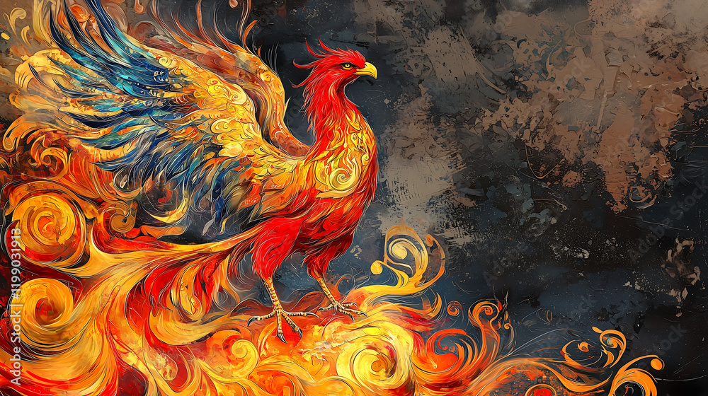 Fototapeta premium mystical phoenix rising from flames, showcasing vibrant colors and intricate patterns, symbolizes rebirth and transformation. Its majestic wings spread wide, embodying strength and beauty