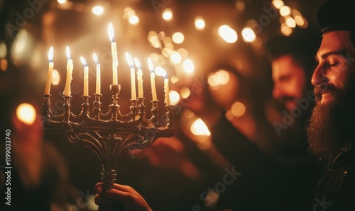 Beautiful menorah with candles lit during a festive celebration of Hanukkah