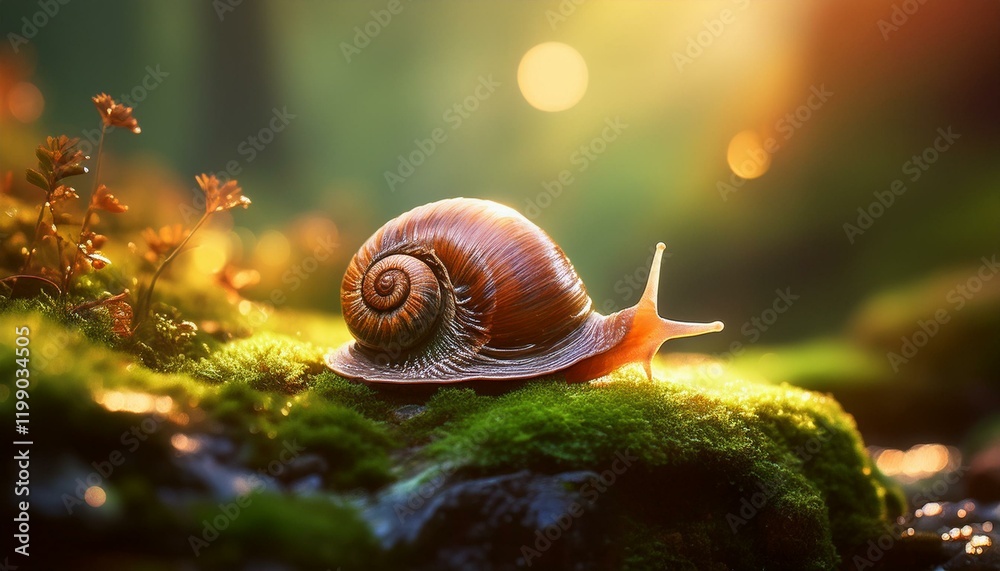 Highlight the spiral pattern of a snail shell as it rests on a moss-covered rock, with soft, natural light gently illuminating its curves, capturing the intricate texture and earthy surroundings. Highlight the spiral pattern of a snail shell as it rests on a moss-covered rock, with soft, natural light gently illuminating its curves, capturing the intricate texture and earthy surroundings.