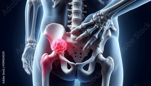 Hip bone cancer or tumor, one side pain. 3d illustration