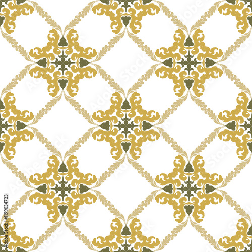 Brown flower ikat seamless pattern on white background with decorative elements. Can be used for wallpaper, pattern fills, ceramic pottery, tiles, backgrounds, and surface textures.