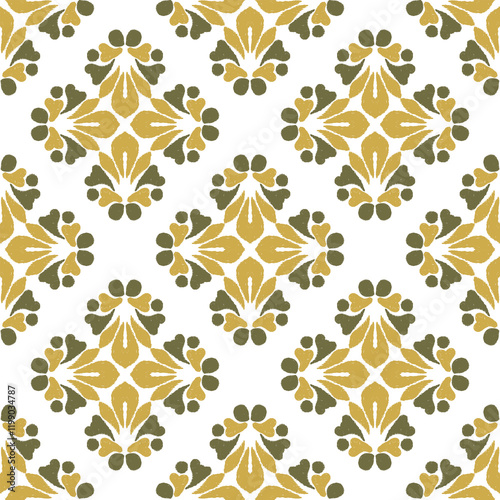 Brown flower ikat seamless pattern with decorative elements. Can be used for wallpaper, pattern fills, ceramic pottery, tiles, backgrounds, and surface textures.