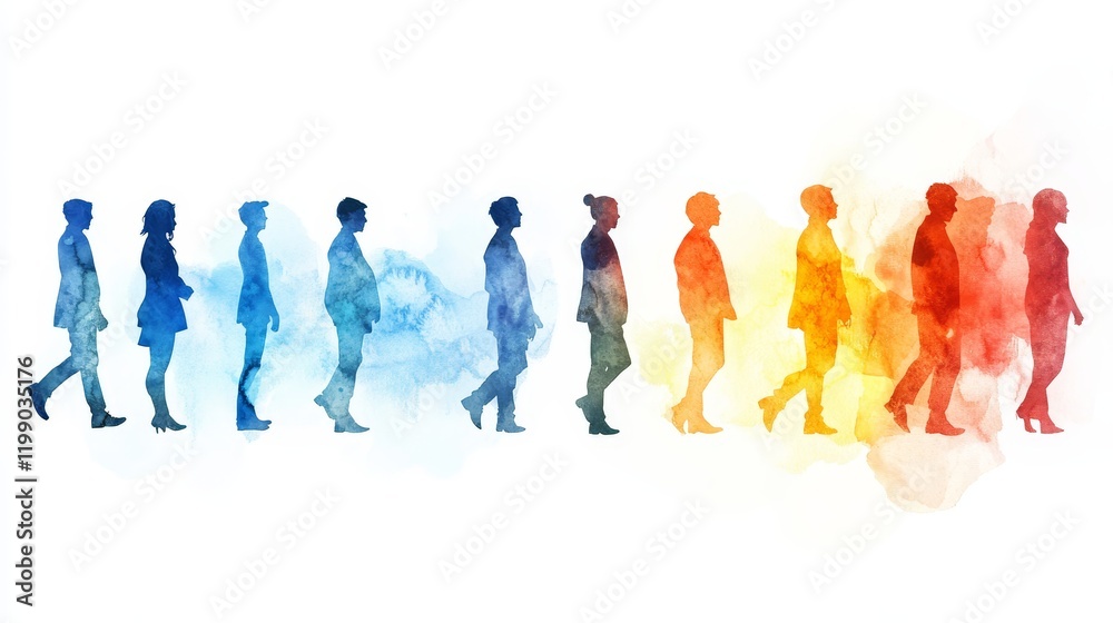 Obraz premium Silhouettes in Blue to Red Gradient, Abstract People, Watercolor Effect