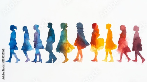 Fototapeta Naklejka Na Ścianę i Meble -  Colorful silhouettes, Abstract walking figures, Rainbow watercolor art, People in motion illustration, Vibrant human shapes wall decor