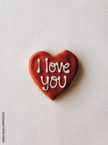Valentine's Day, Red heart-shaped icing cookie: A simple yet striking photo of a red heart-shaped icing cookie with the words 