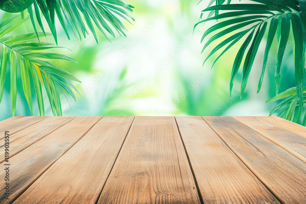 Wooden table with palm tree leaves providing tropical summer background