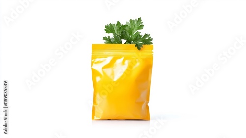 Bright yellow instant soup packaging with fresh parsley on white background. Generative AI