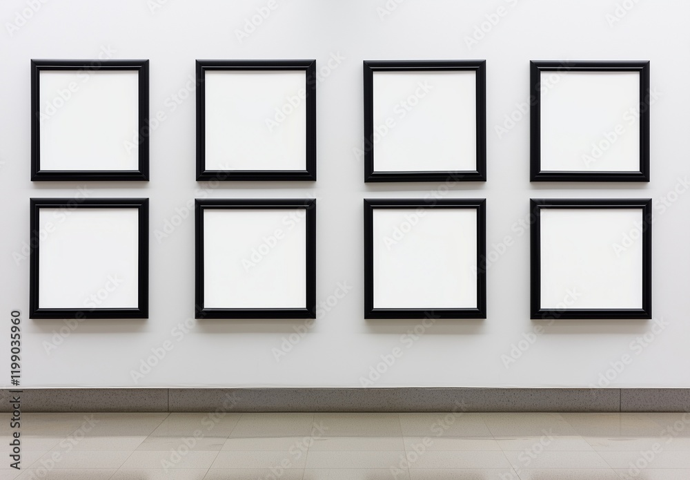 Ten black square frames on a simple white gallery wall. Ten black square frames on a simple white gallery wall.