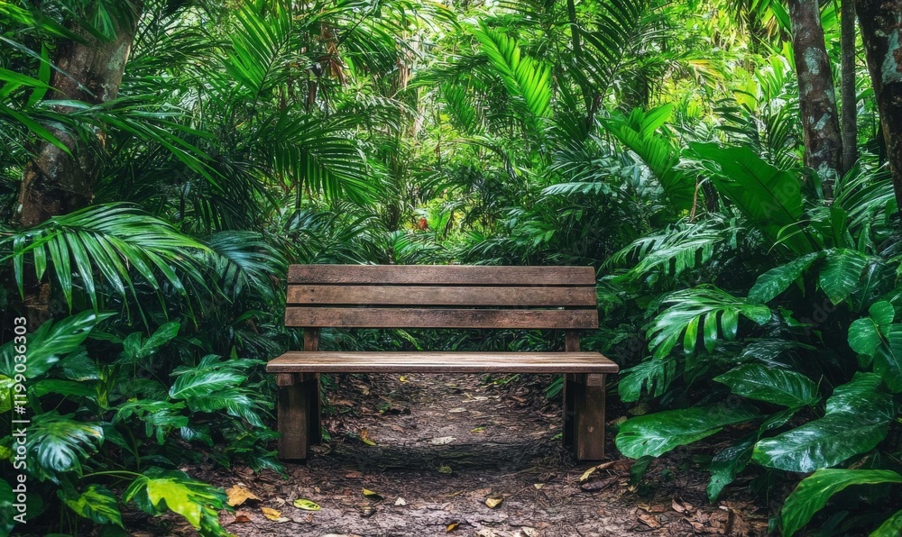 Aged wooden bench among lush greenery in the forest, park, idyllic Aged wooden bench among lush greenery in the forest, park, idyllic
