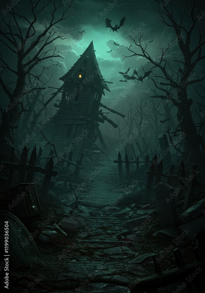 Fototapeta premium Eerie haunted house amid gnarled trees with creepy bats in foggy night sky